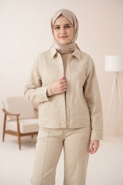 Bej 7-14 Yaş Ceketli Gabardin Pantolon Kız Çocuk Takım