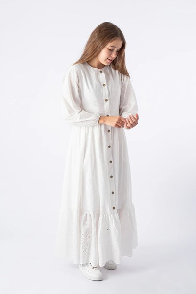 Beyaz Brode Önden Düğme Detaylı Kız Çocuk Gömlek Elbise