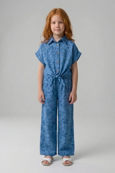 Flare Leg Patterned Modal Girls' Set - Blue