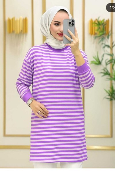 Mor Çizgili Penye Tunik