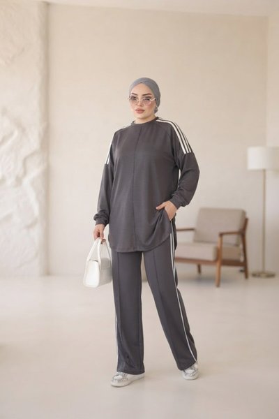 Antrasit Oversize Şerit Detaylı Rahat Takım