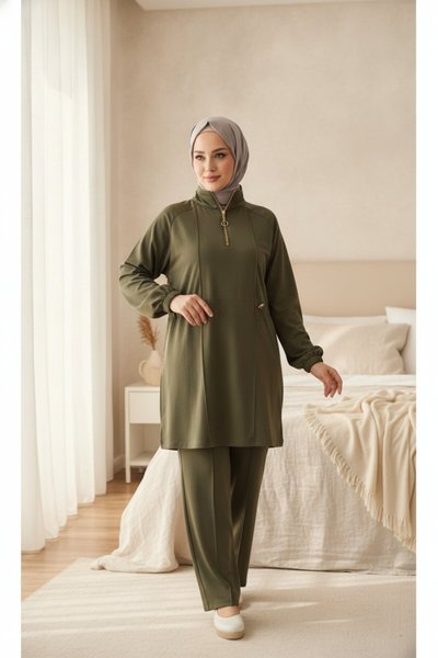 Scuba Fabric Half-Placket Zipped Tracksuit Set - Khaki