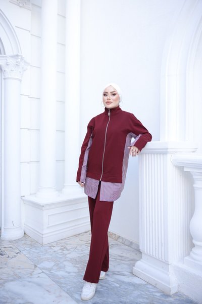 Bordo Fermuarlı İkili Eşofman Takımı