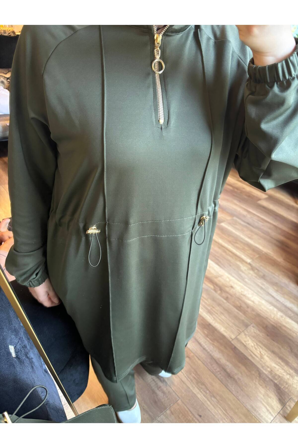Scuba Fabric Half-Placket Zipped Tracksuit Set - Khaki - Wovi