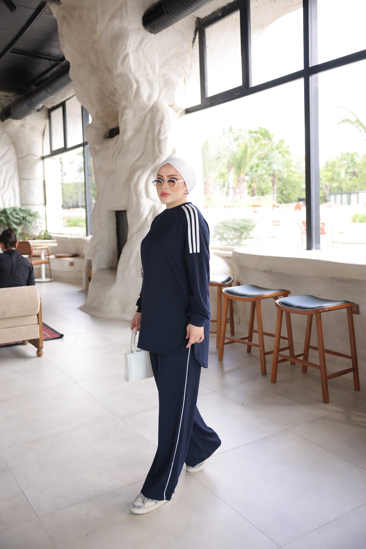 Lacivert Oversize Şerit Detaylı Rahat İkili Takım - Wovi