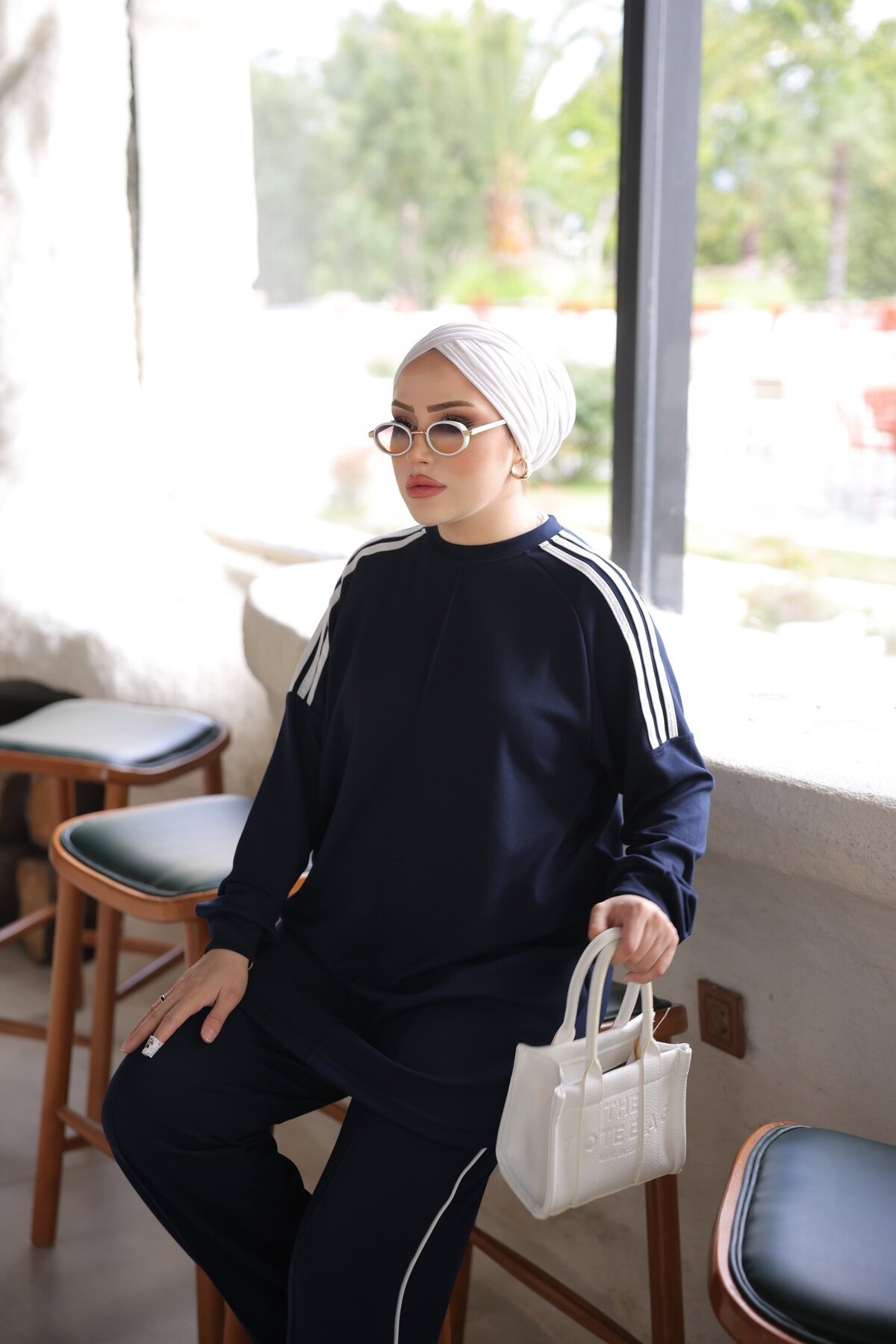 Lacivert Oversize Şerit Detaylı Rahat İkili Takım - Wovi