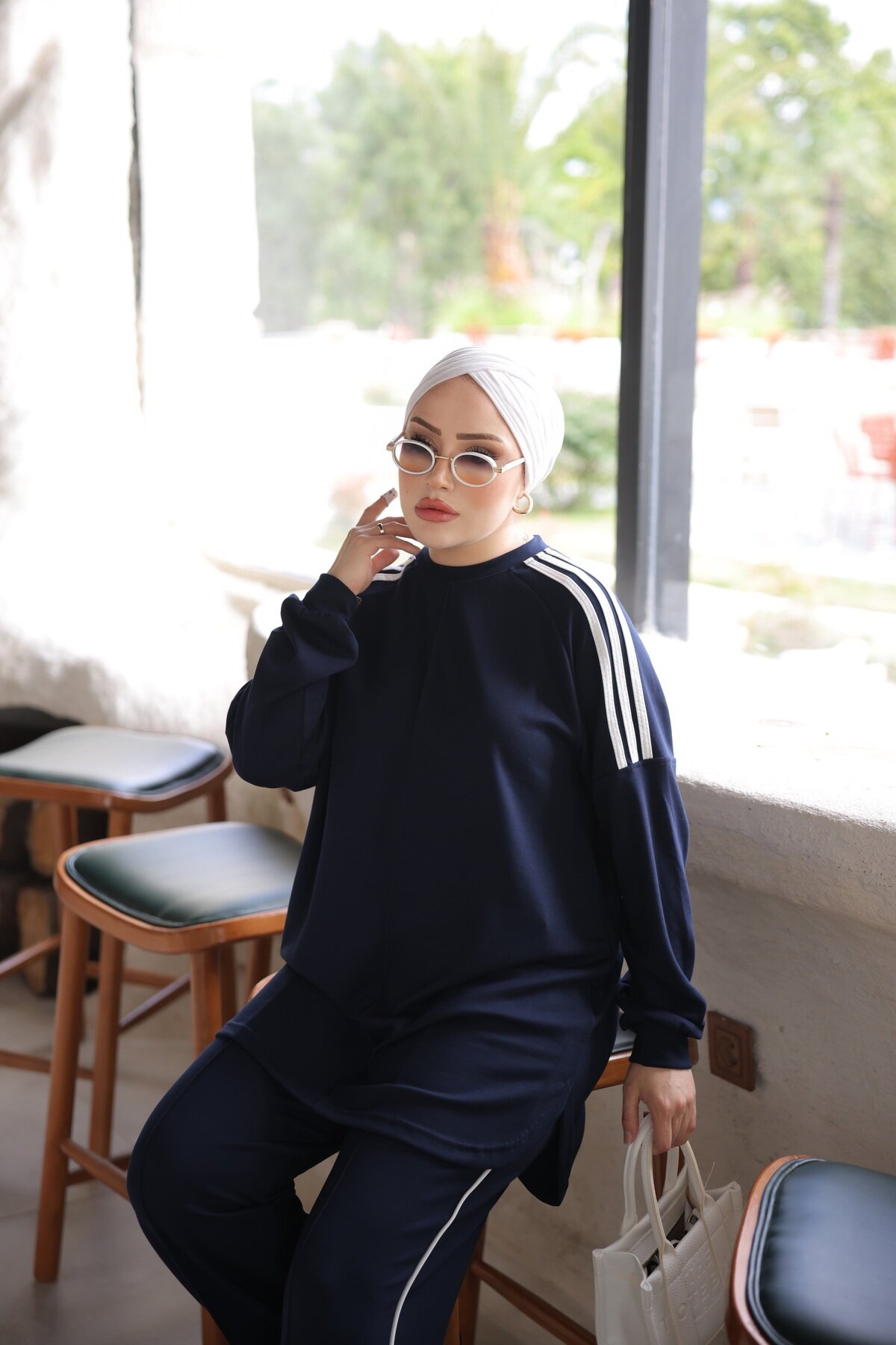 Lacivert Oversize Şerit Detaylı Rahat İkili Takım - Wovi