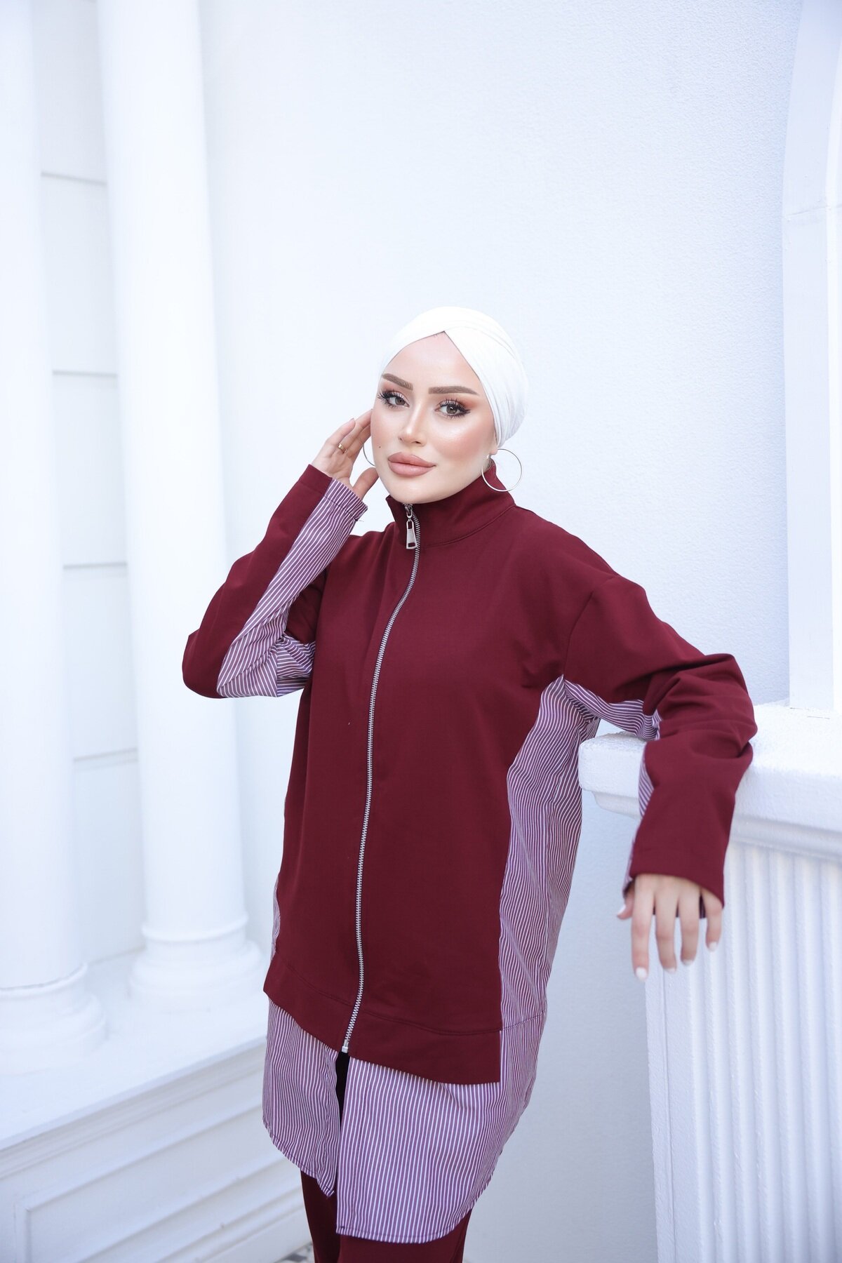 Bordo Fermuarlı İkili Eşofman Takımı - Wovi Moda