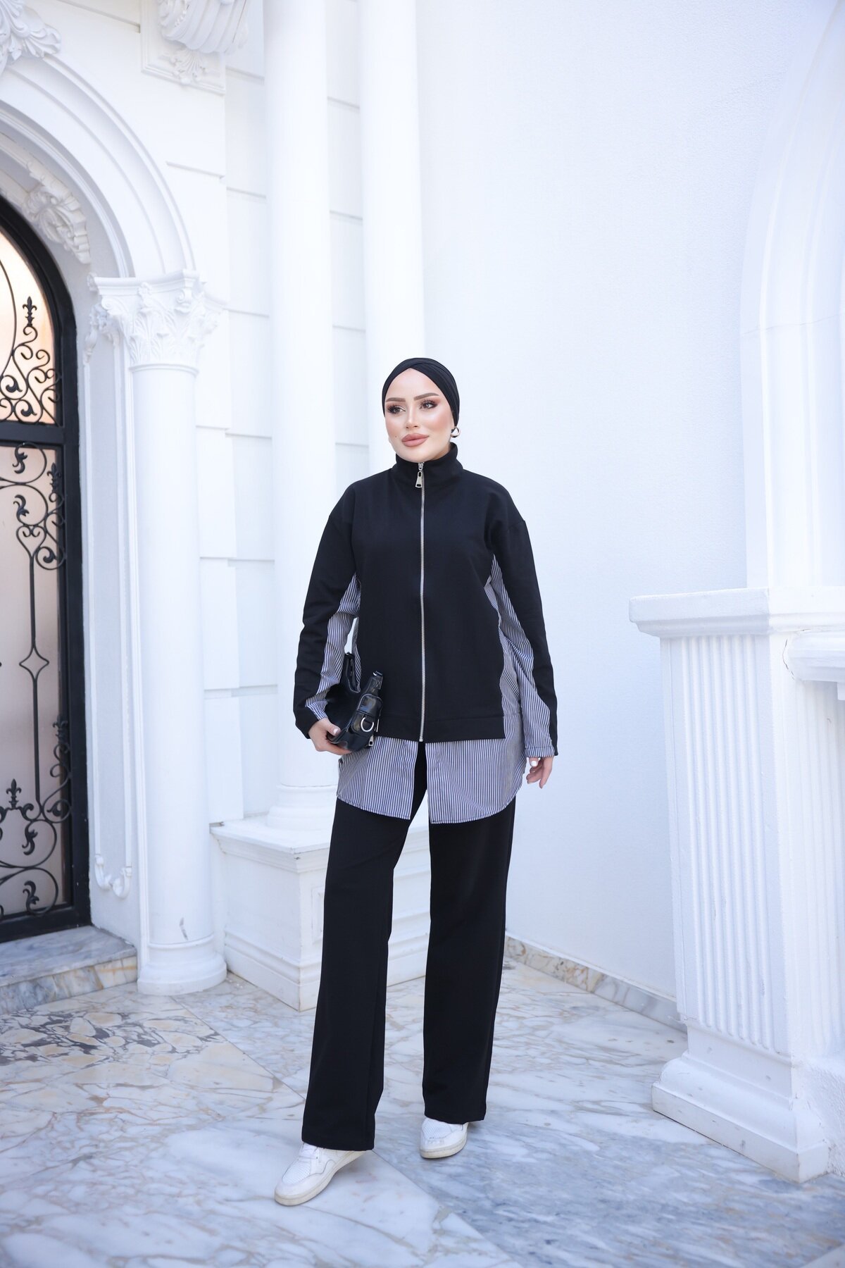 Siyah Fermuarlı İkili Eşofman - Wovi Moda