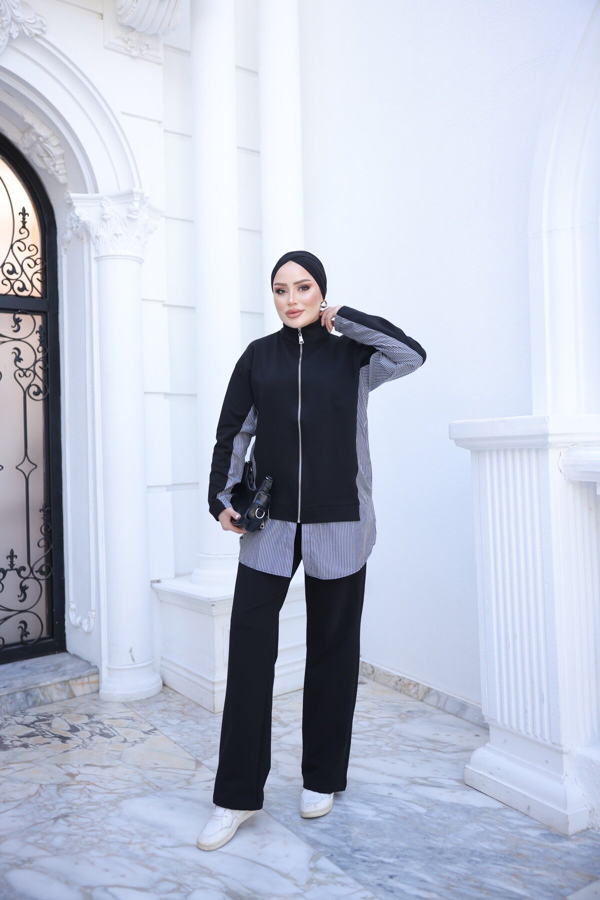 Siyah Fermuarlı İkili Eşofman - Wovi Moda