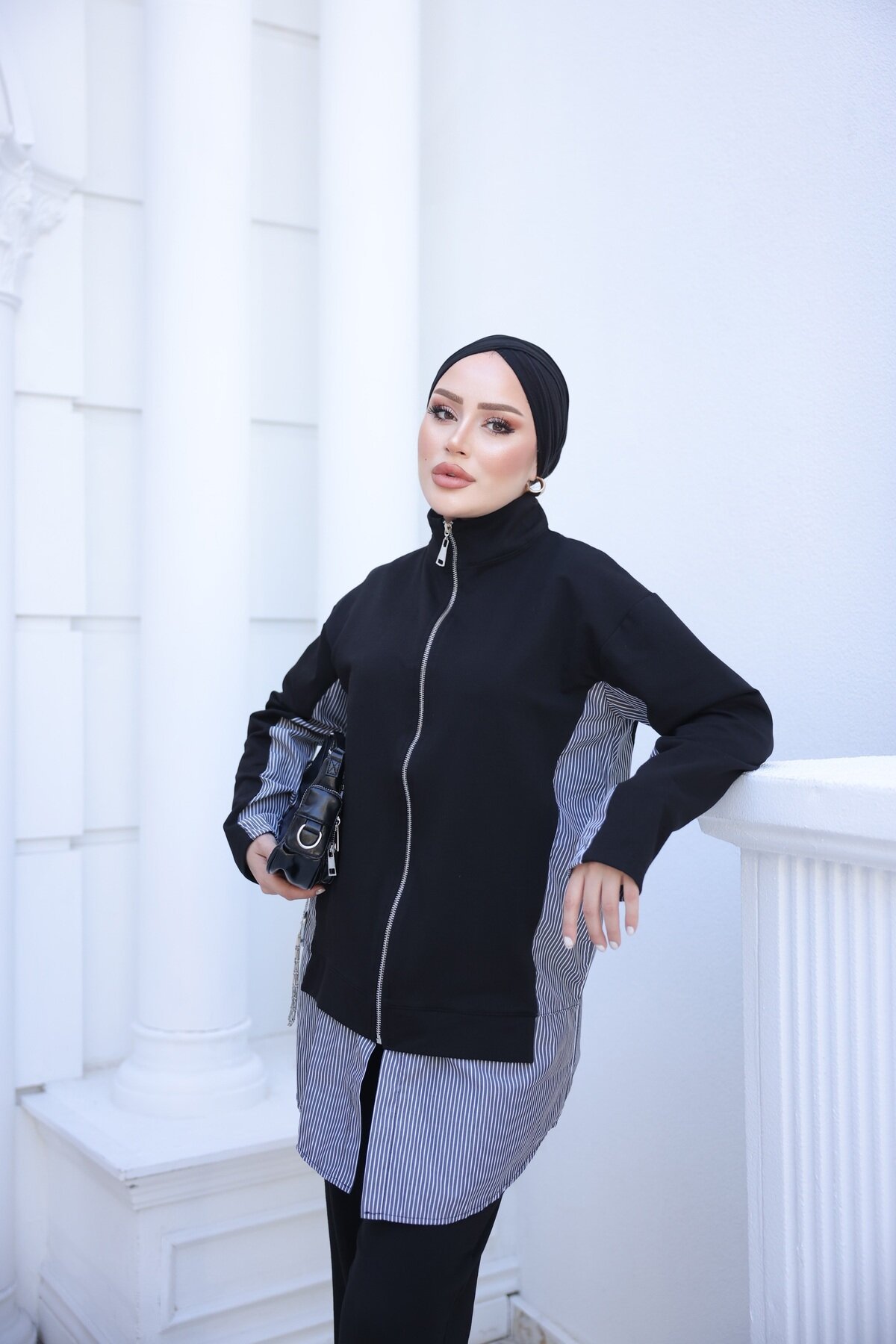 Siyah Fermuarlı İkili Eşofman - Wovi Moda