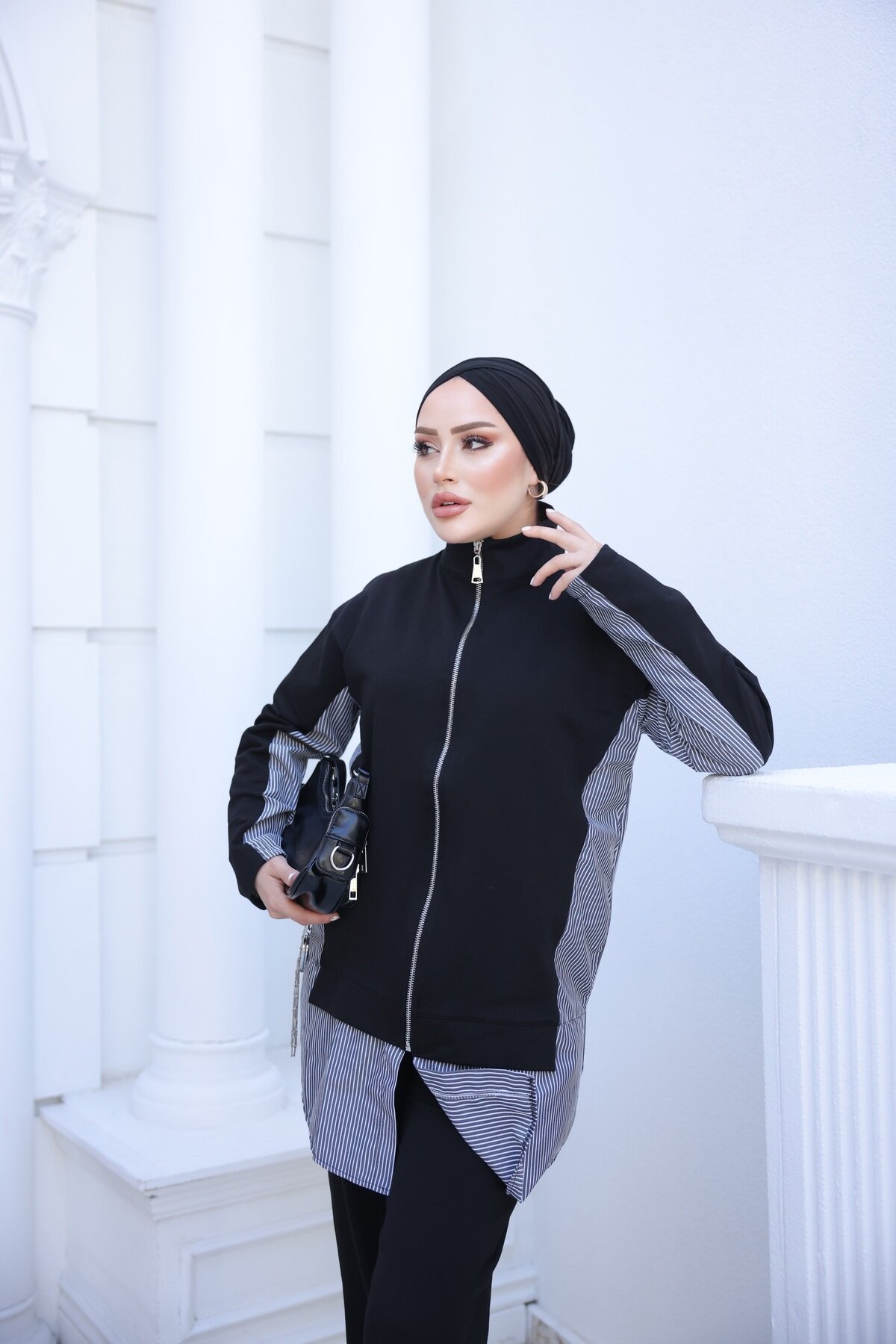 Siyah Fermuarlı İkili Eşofman - Wovi Moda