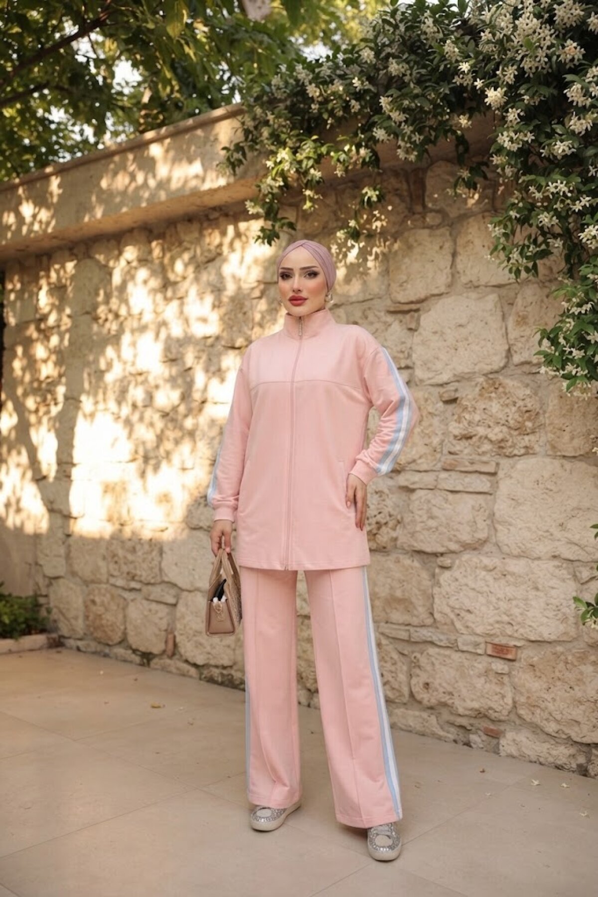 Pembe Yanları Şeritli Uzun Fermuarlı İkili Takım - Wovi