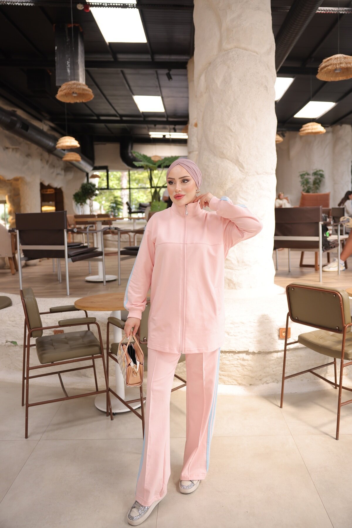 Pembe Yanları Şeritli Uzun Fermuarlı İkili Takım - Wovi