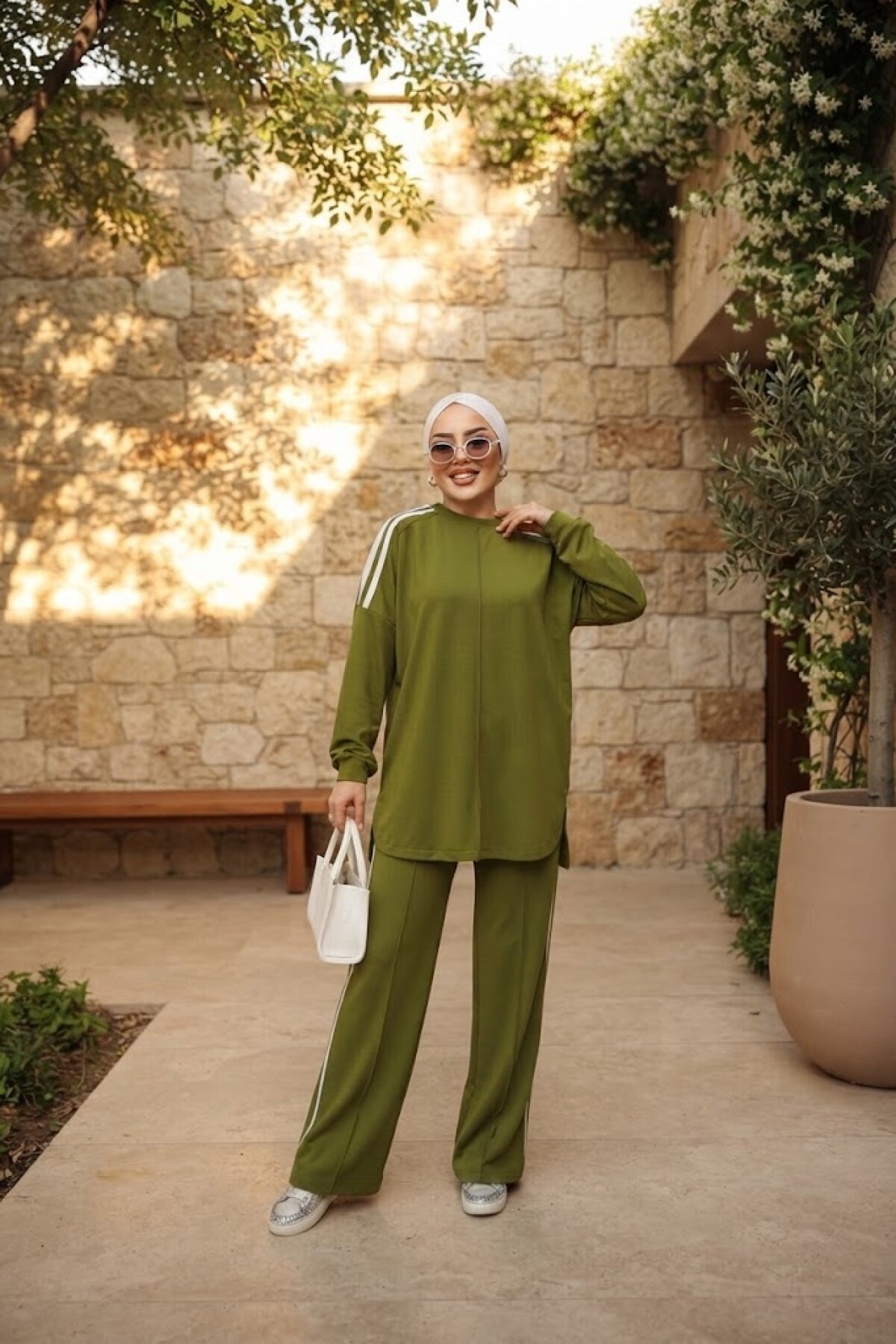 Yağ Yeşili Oversize Şerit Detaylı İkili Takım - Wovi