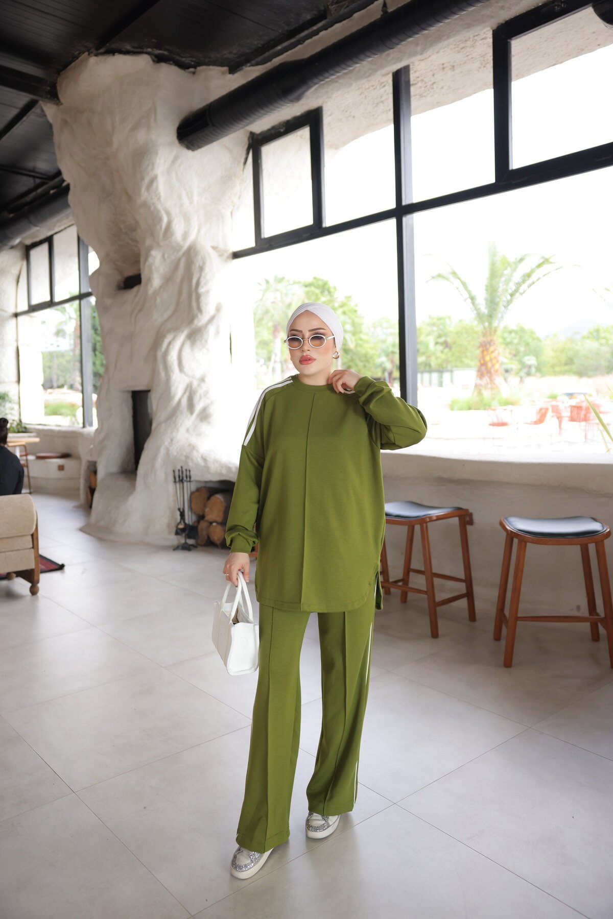 Yağ Yeşili Oversize Şerit Detaylı İkili Takım - Wovi