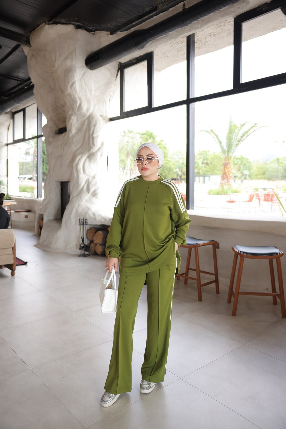 Yağ Yeşili Oversize Şerit Detaylı İkili Takım - Wovi