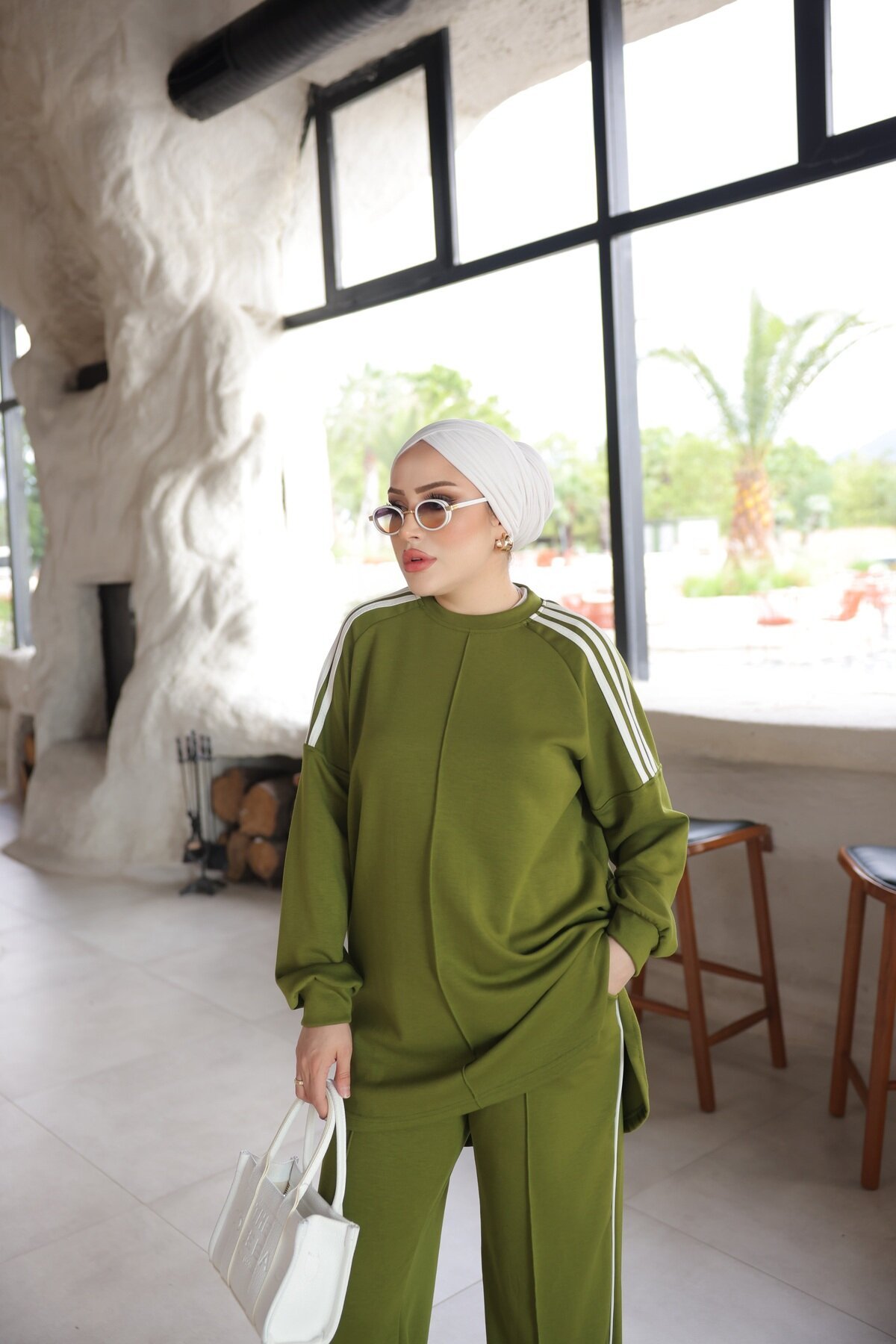 Yağ Yeşili Oversize Şerit Detaylı İkili Takım - Wovi