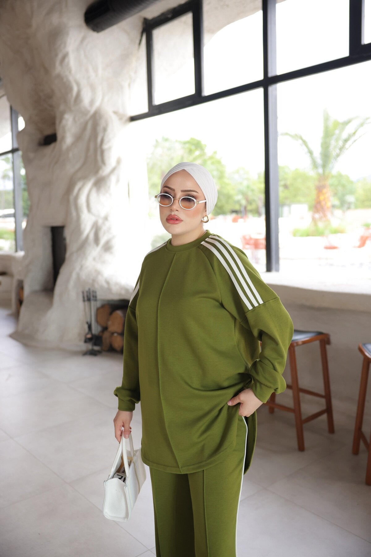 Yağ Yeşili Oversize Şerit Detaylı İkili Takım - Wovi