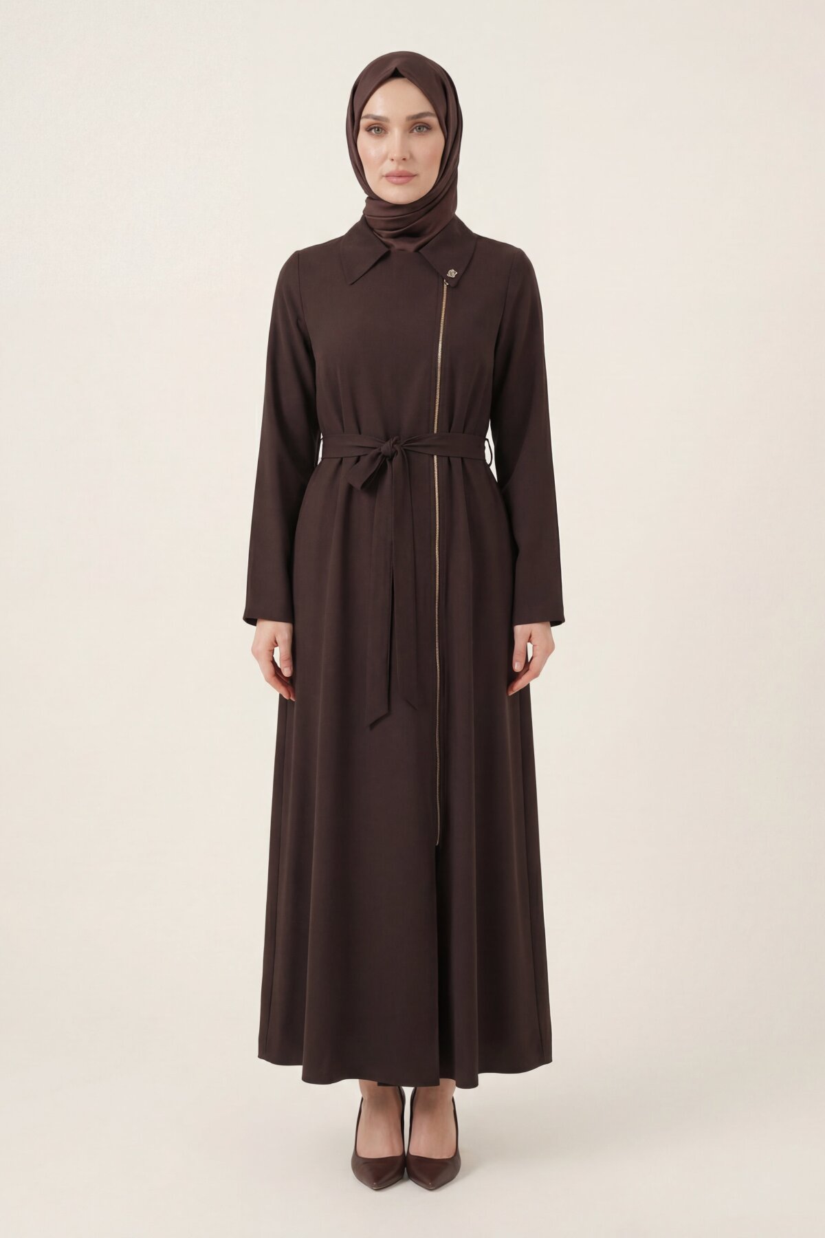 Collar Detailed Abaya - Brown - Beyza