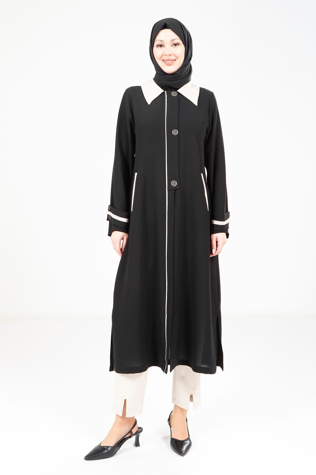 Pocket Accessory Long Modest Outer Coat - Black - Beyza