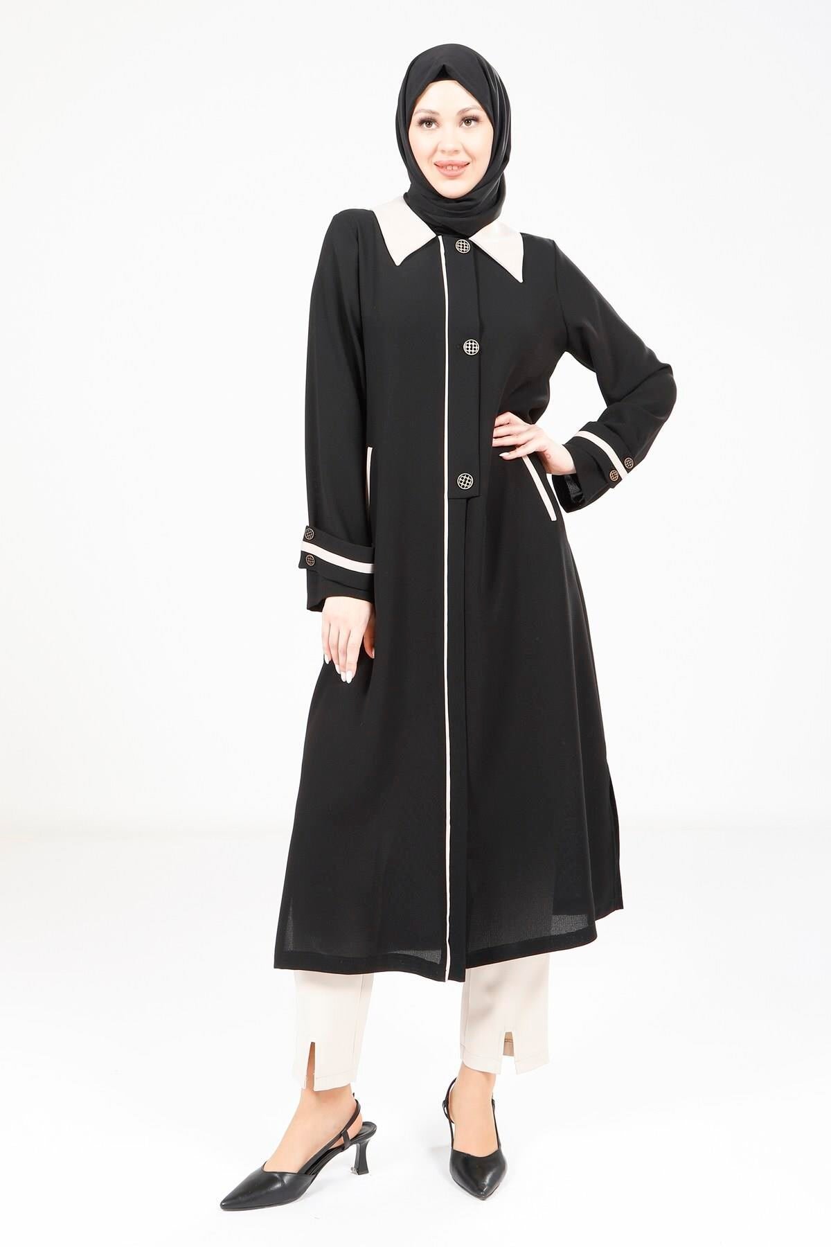 Pocket Accessory Long Modest Outer Coat - Black - Beyza
