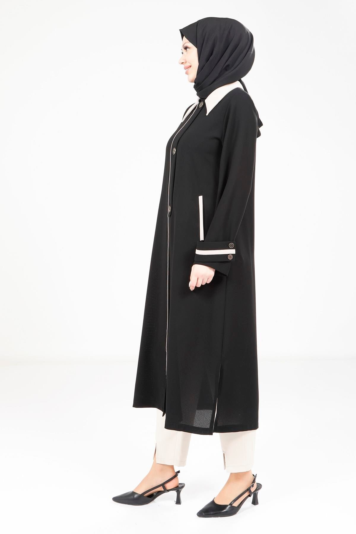 Pocket Accessory Long Modest Outer Coat - Black - Beyza