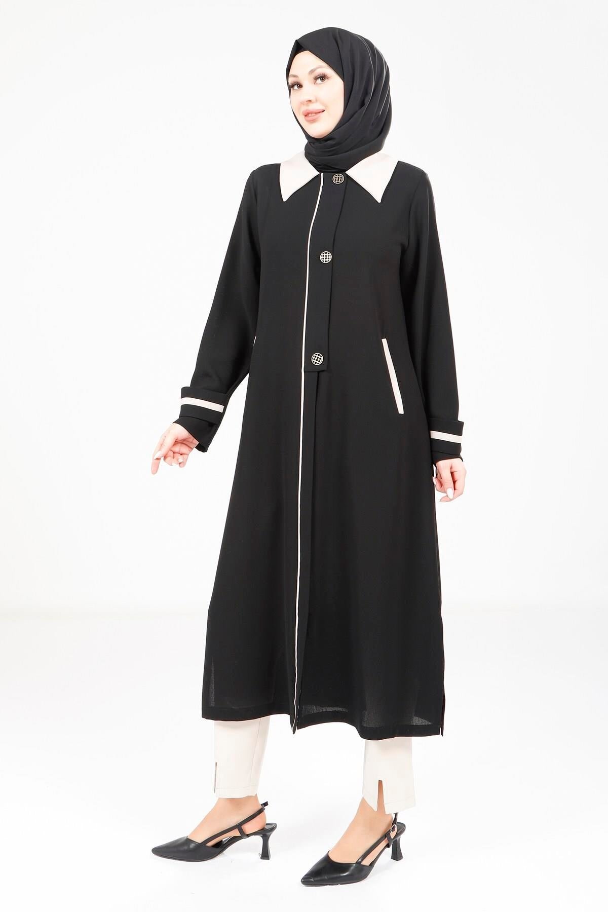 Pocket Accessory Long Modest Outer Coat - Black - Beyza