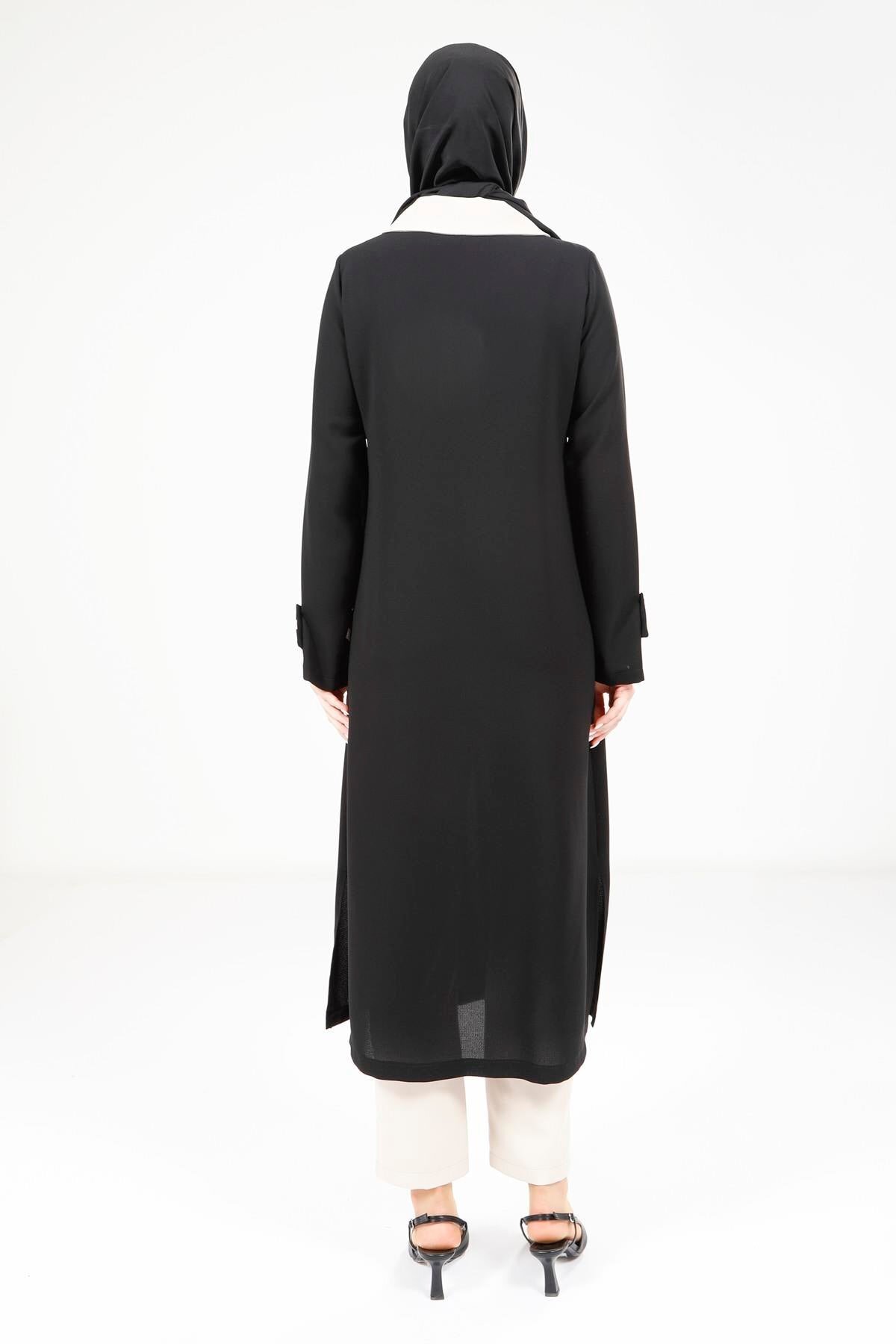 Pocket Accessory Long Modest Outer Coat - Black - Beyza