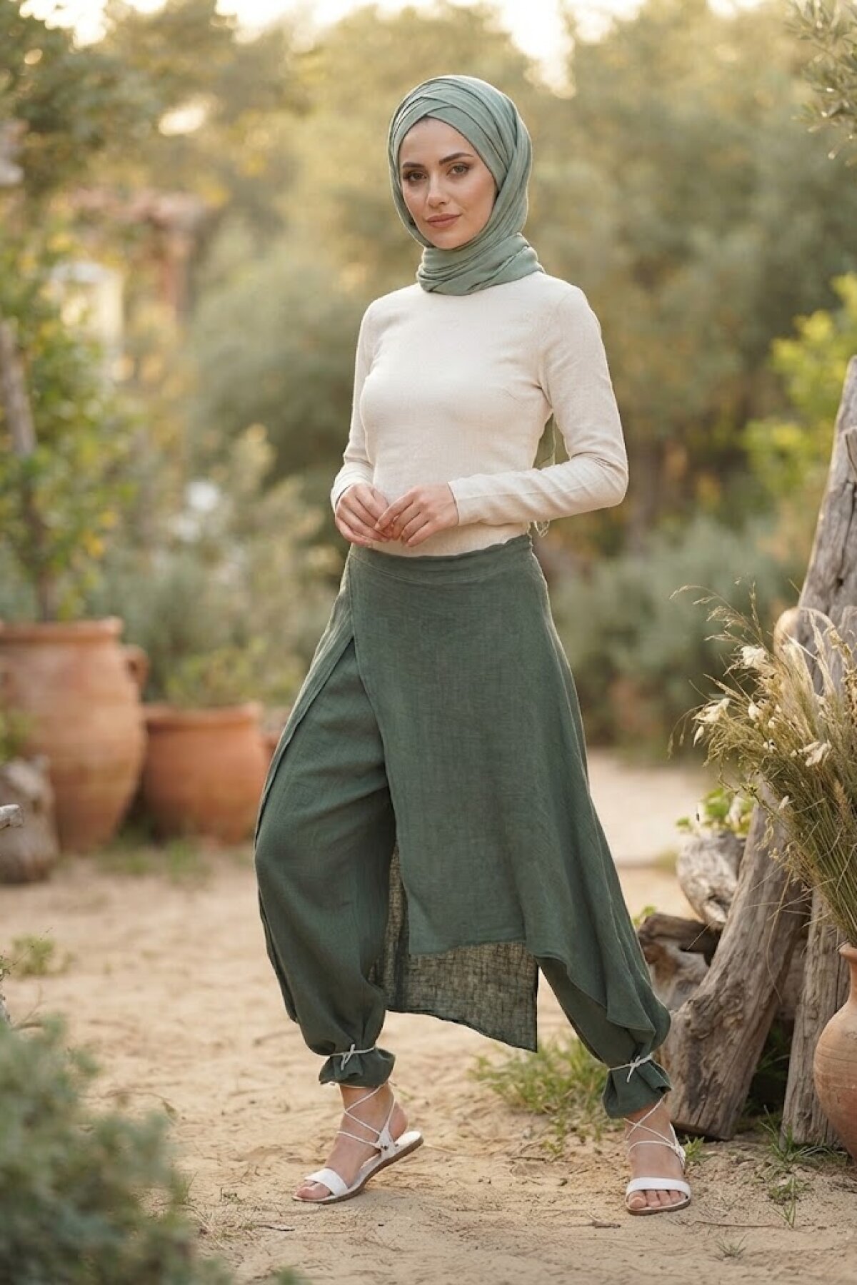 تنورة بنطلون إيطالية لون كاكي كتان خام - Bohem Stil
