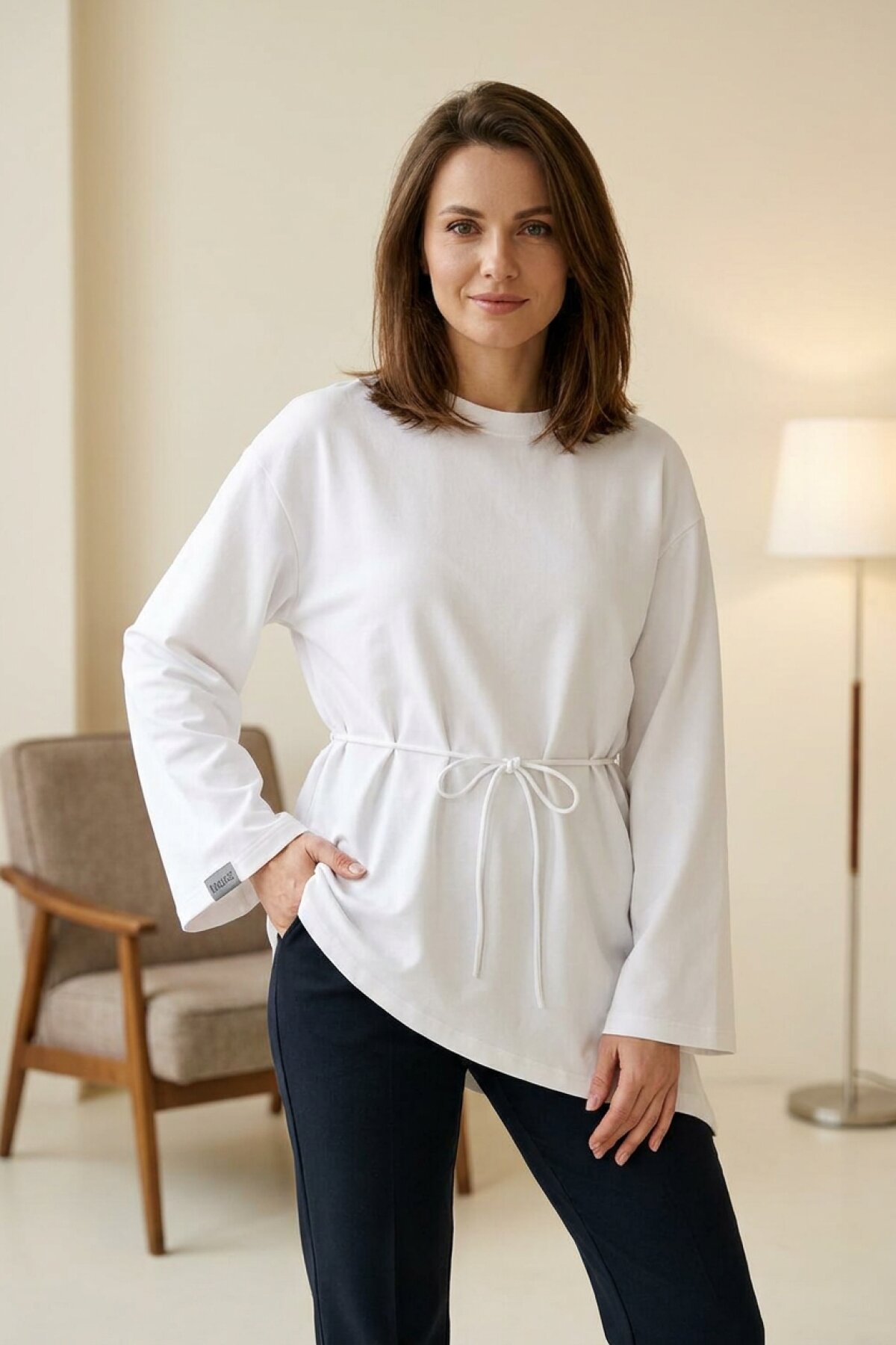 Beyaz Asimetrik Bağcıklı Suprem Penye Tunik - Dimar Butik