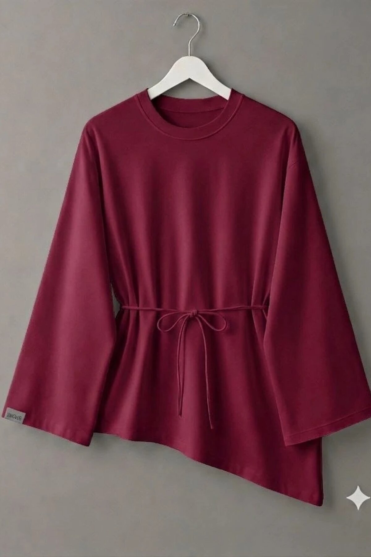 Asymmetric Laced Combed Cotton Tunic - Burgundy - Dimar Butik