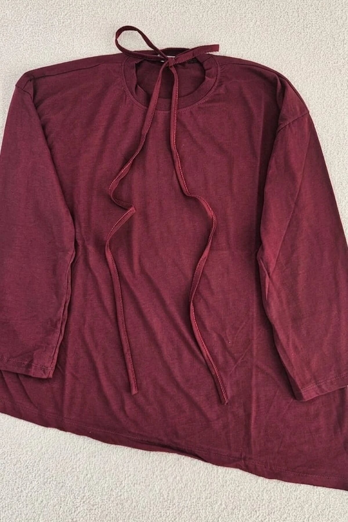 Asymmetric Laced Combed Cotton Tunic - Burgundy - Dimar Butik