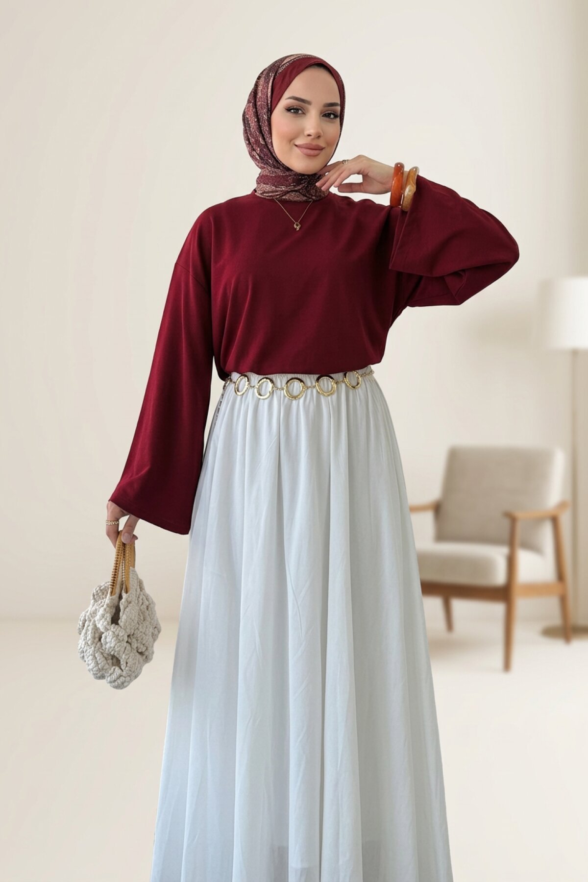Straight-Cut Basic Combed Cotton Tunic - Burgundy - Dimar Butik