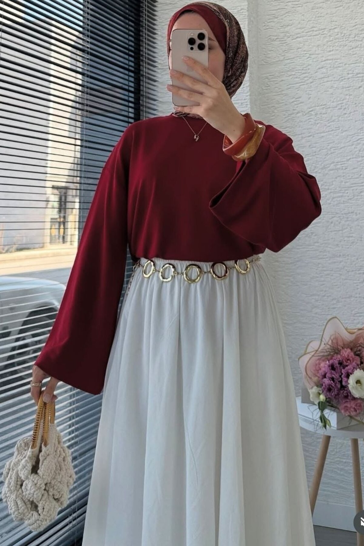 Straight-Cut Basic Combed Cotton Tunic - Burgundy - Dimar Butik