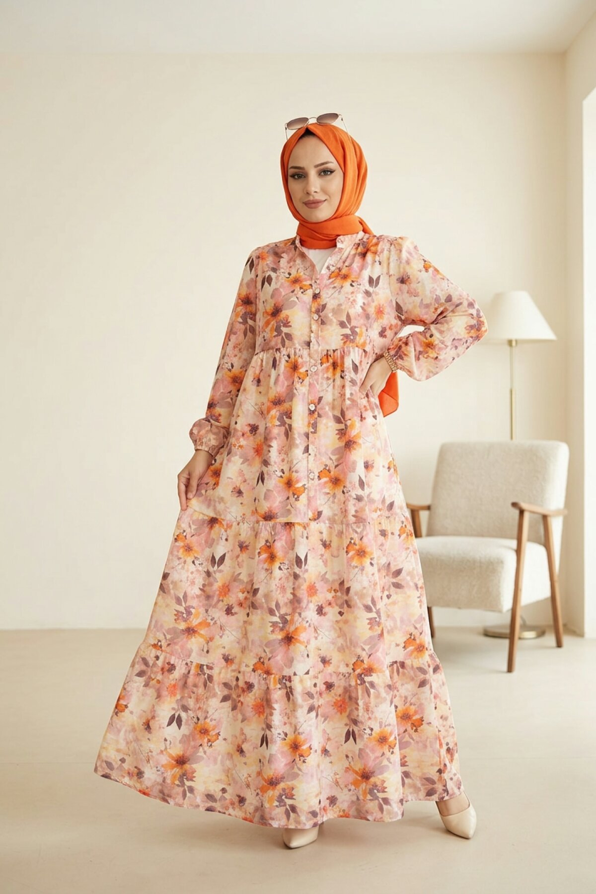 Çok Renkli Çiçek Desenli Bahar Elbise - Dimar Butik