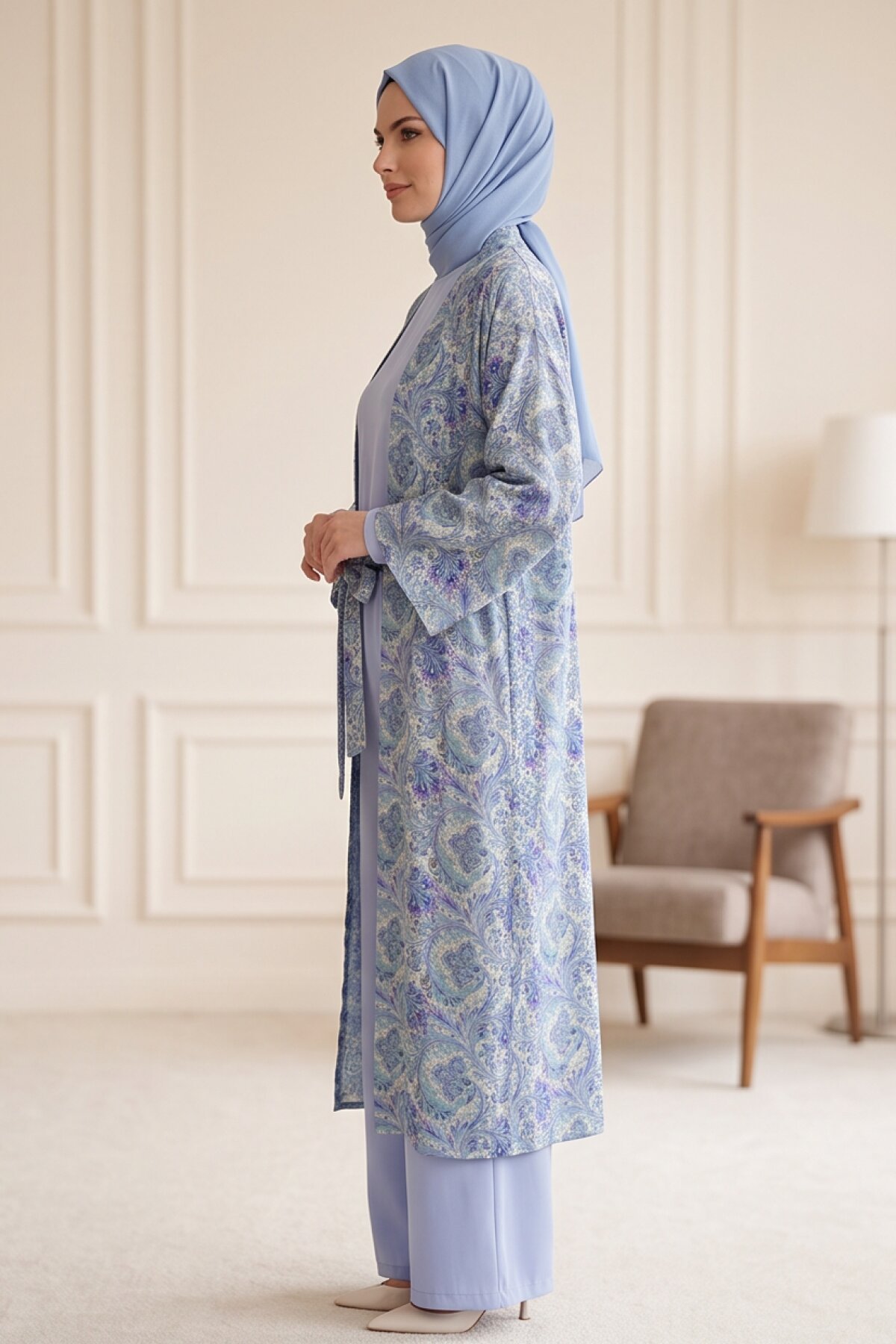 Mavi Desenli Kimono Tunik Takım - Dimar Butik