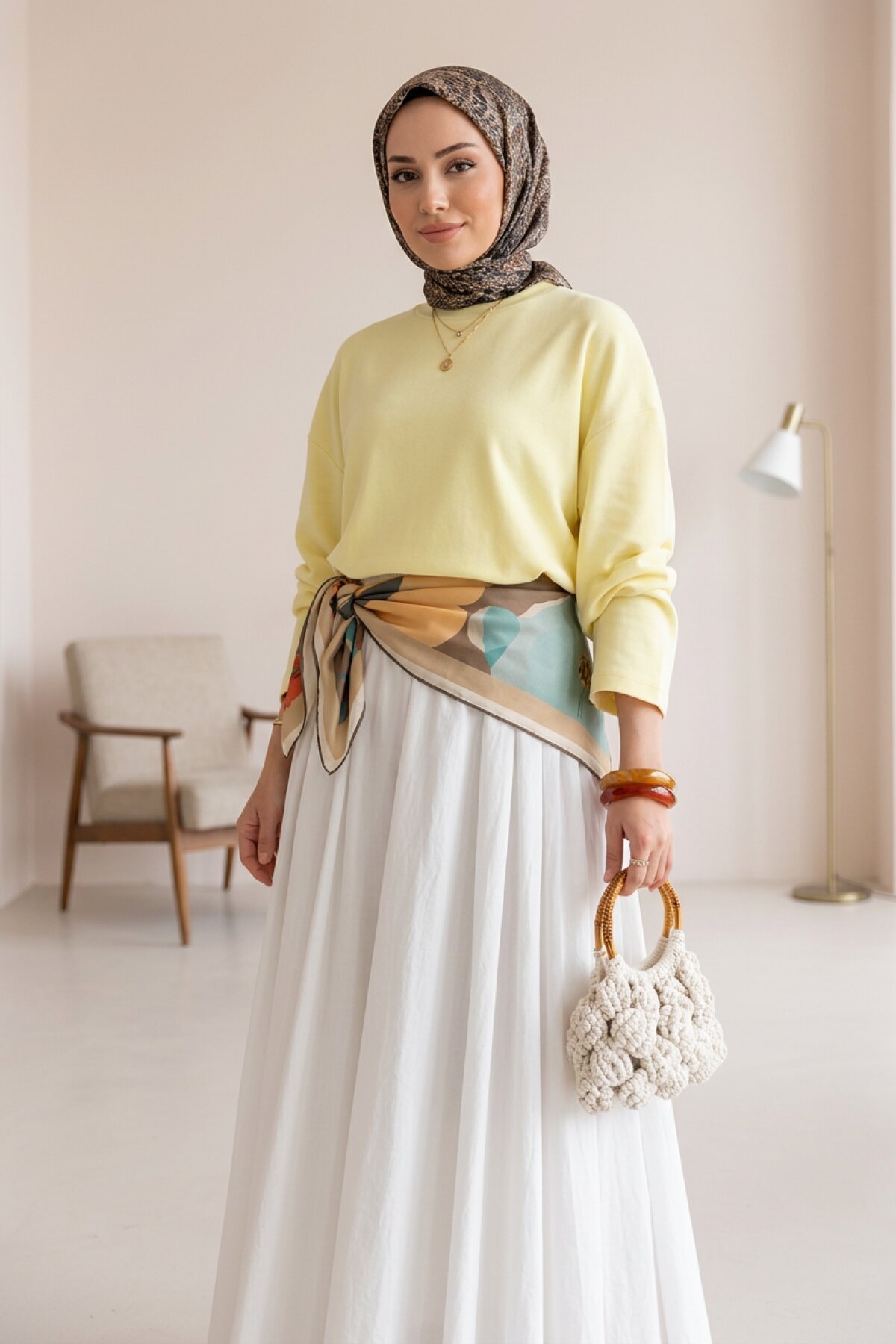 Straight Cut Supreme Combed Cotton Basic Tunic - Yellow - Dimar Butik