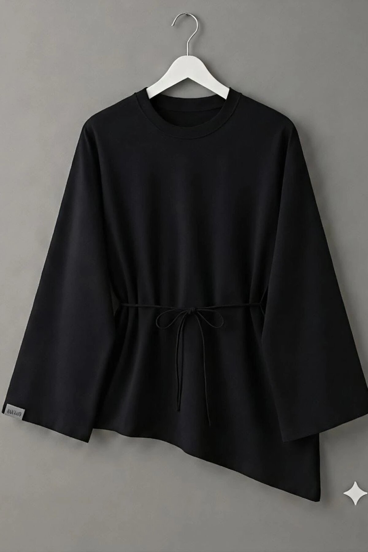Asymmetric Single Jersey Lace-up Tunic - Black - Dimar Butik