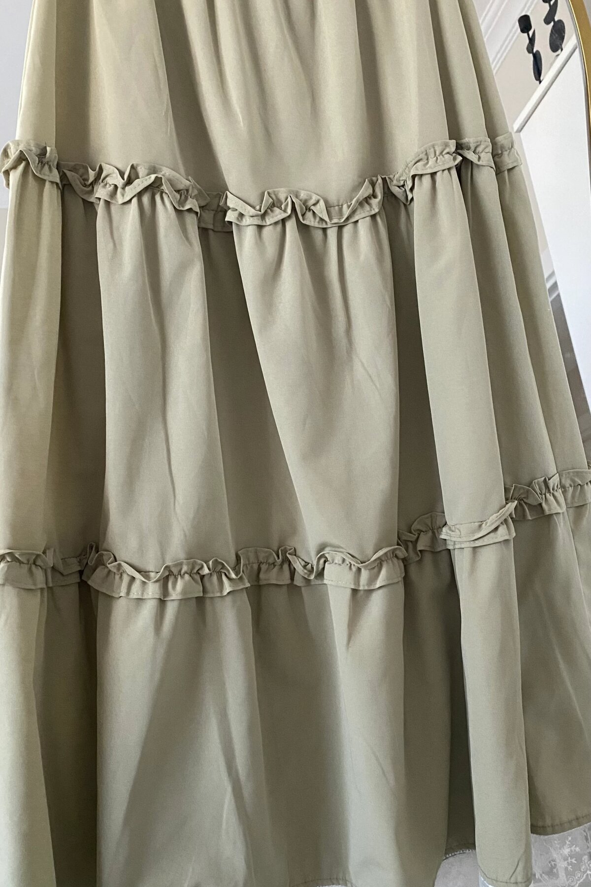 Yağ Yeşili Fırfırlı Dantel Detaylı Lastikli Etek - Dimar Butik