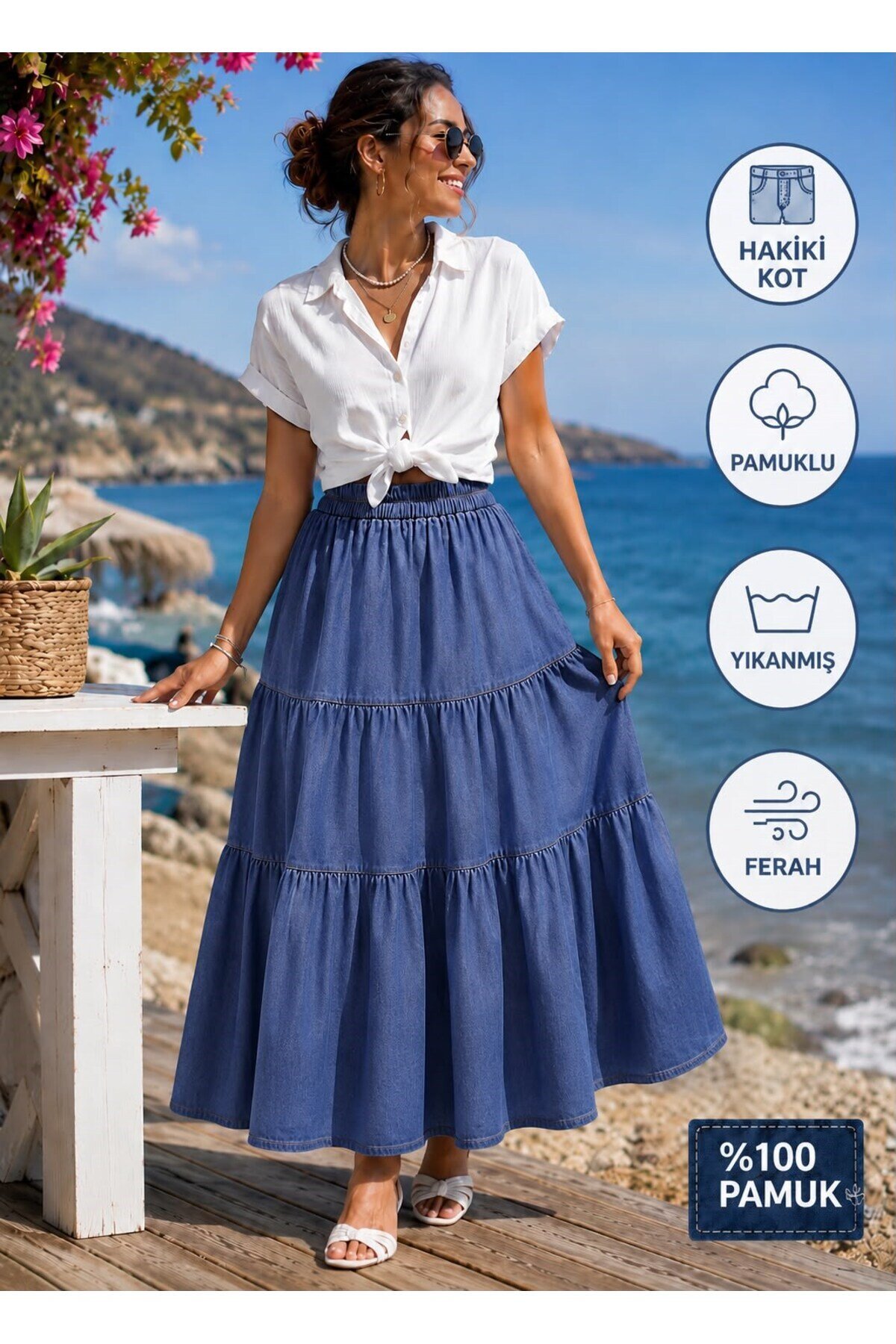 100% Cotton Denim Skirt - Blue - EREN STYLE