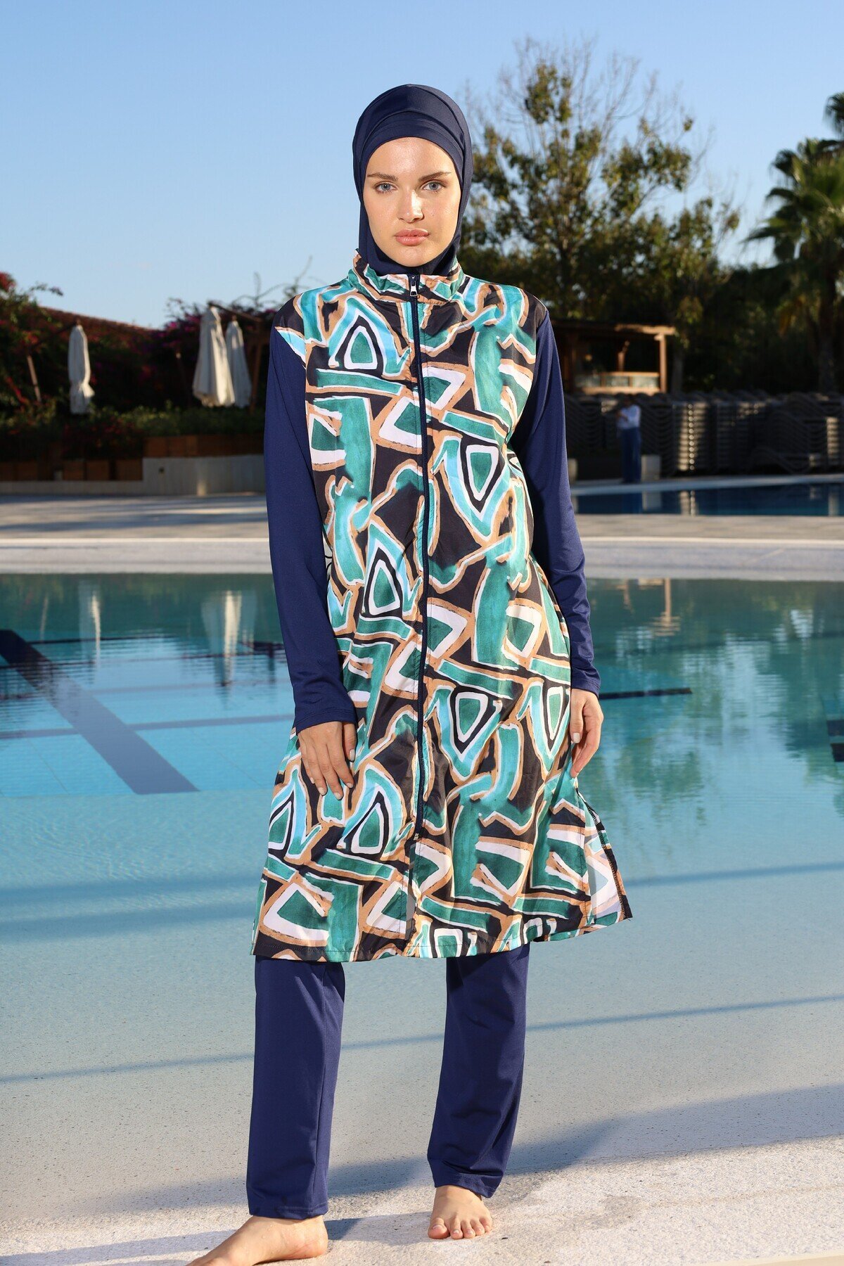 Long Geometric Full-Cover Zipped Burkini - Multi-Colored - ESTİVA