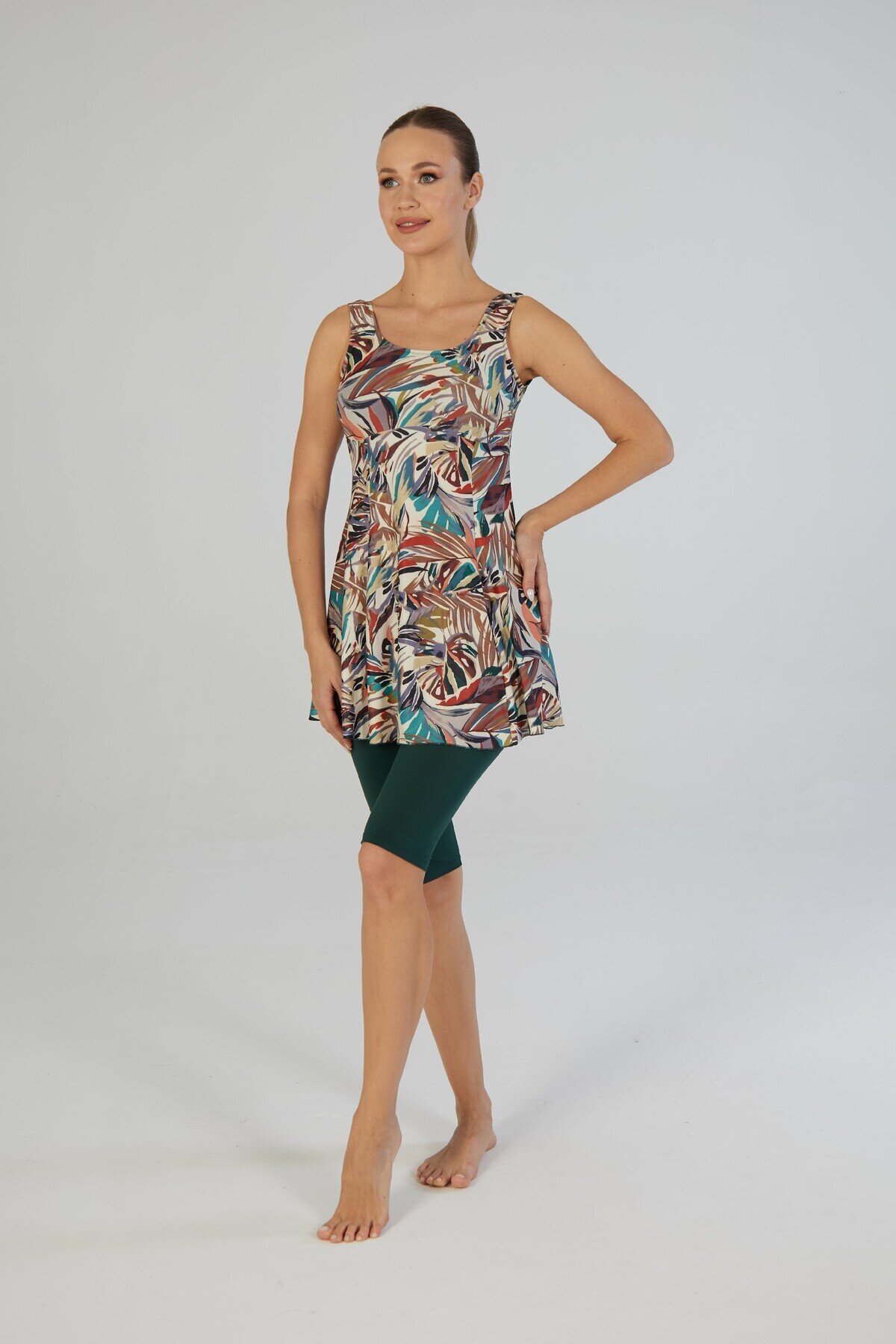 Leafy Pattern Strappy Tights Half-Coverage Swimsuit - Multi-colored - ESTİVA