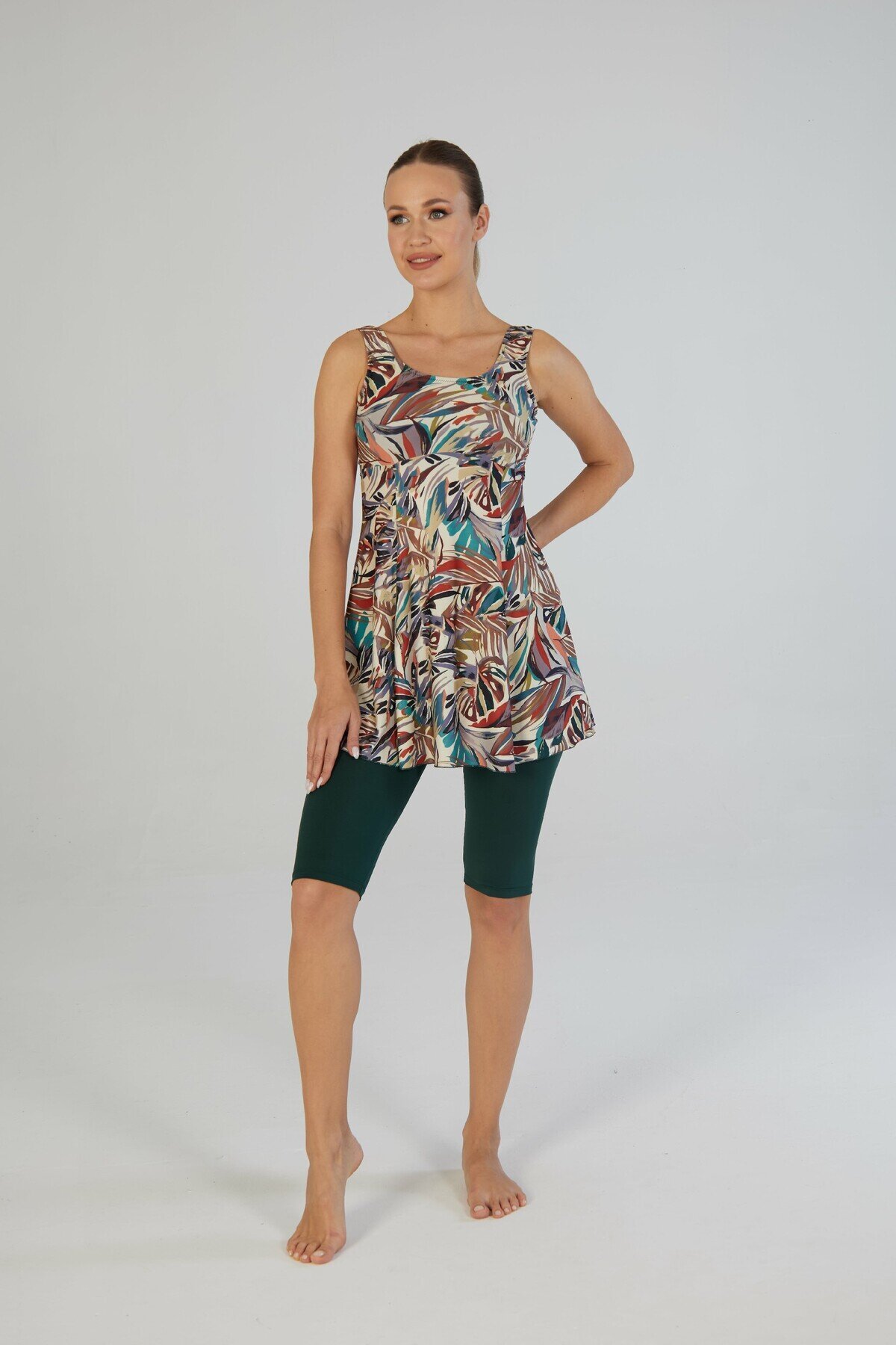 Leafy Pattern Strappy Tights Half-Coverage Swimsuit - Multi-colored - ESTİVA