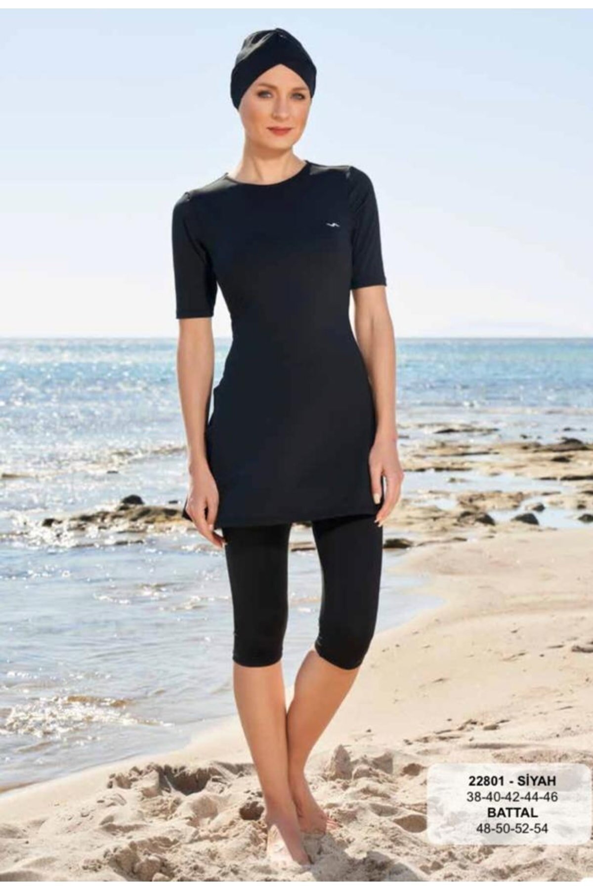 Short Sleeve Half Coverage Swimsuit - Black - ESTİVA