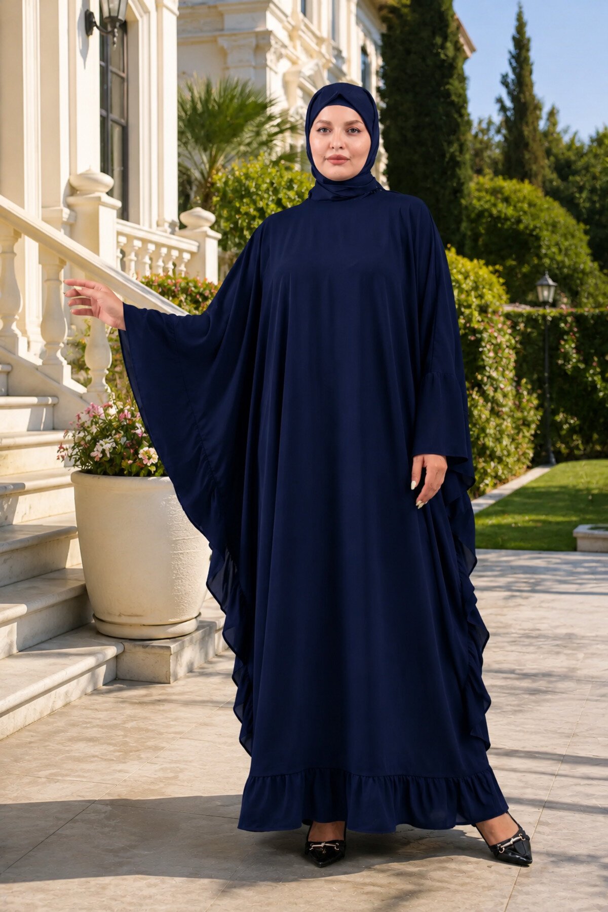 Plus Size Ruffle-Side Abaya Dress - Navy Blue - Fzd Filizzade