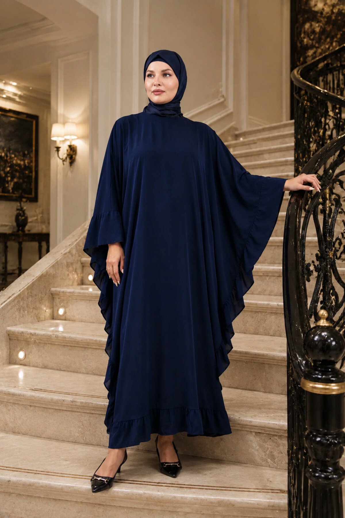 Plus Size Ruffle-Side Abaya Dress - Navy Blue - Fzd Filizzade