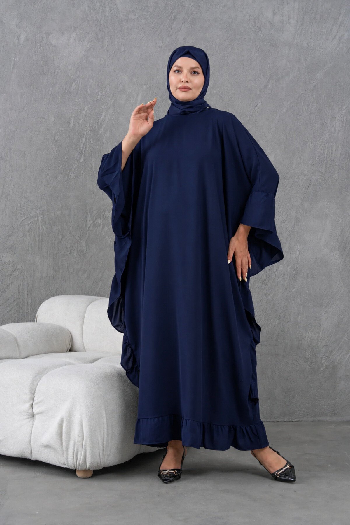 Plus Size Ruffle-Side Abaya Dress - Navy Blue - Fzd Filizzade