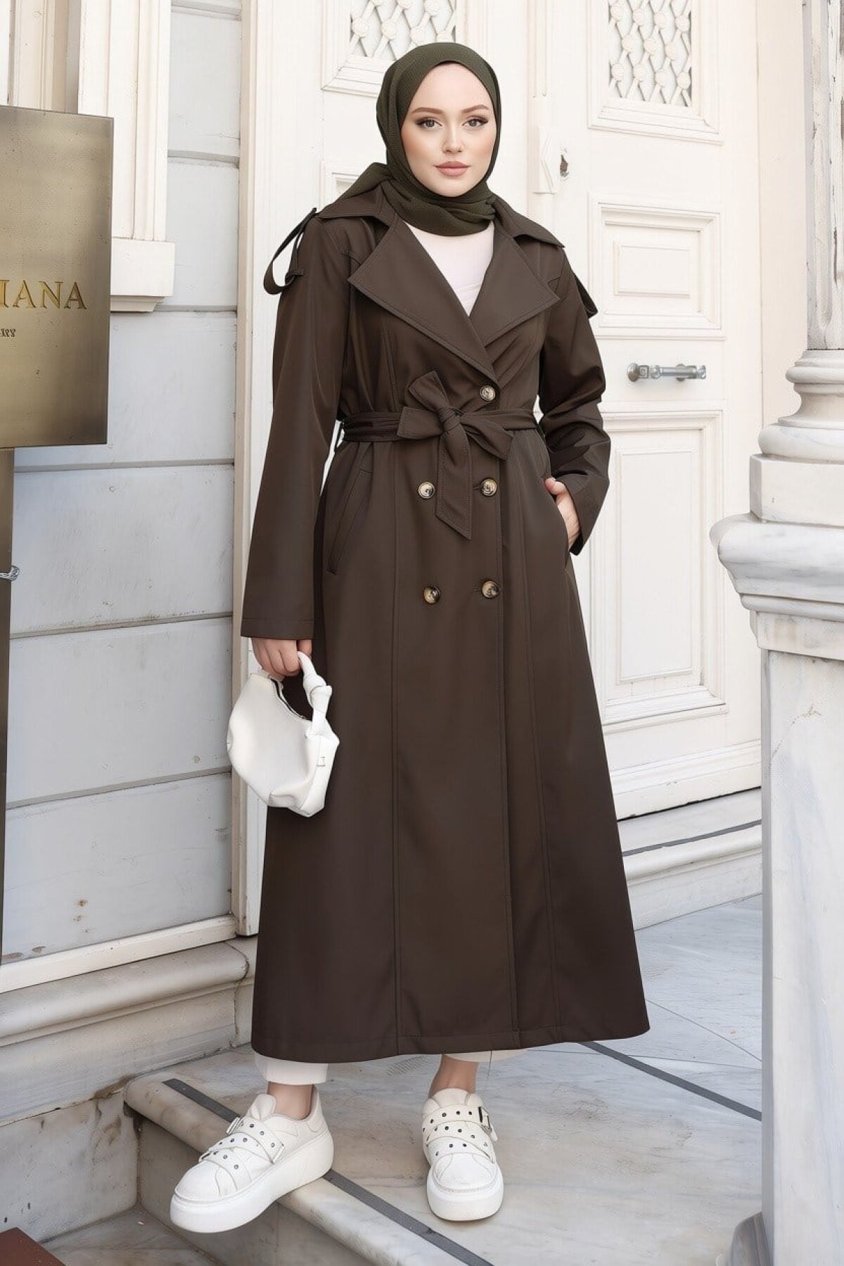 Long Double-Breasted Belted Trench Coat - Khaki - Misskayle