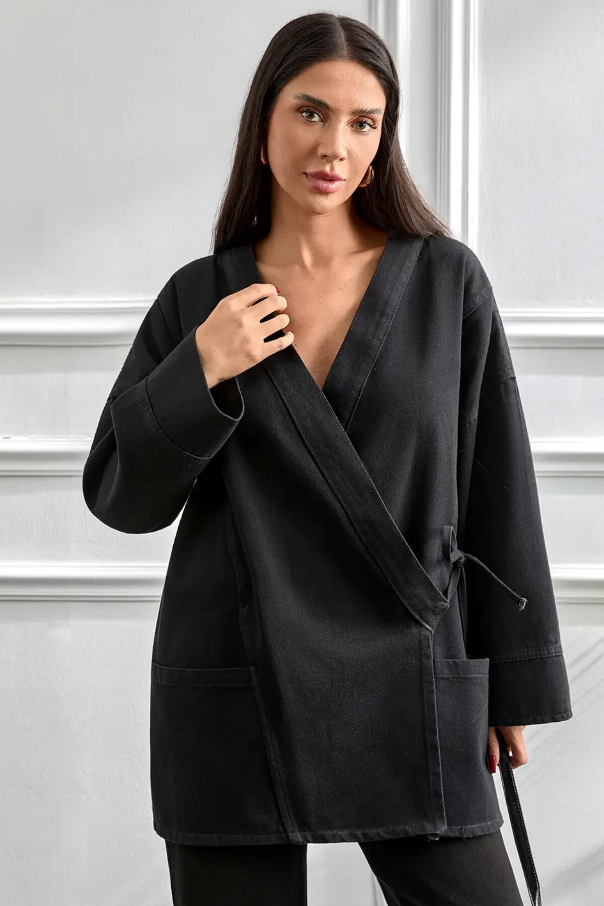 Oversize Kimono Cut Belted Pocketed Jacket - Dark - Misskayle